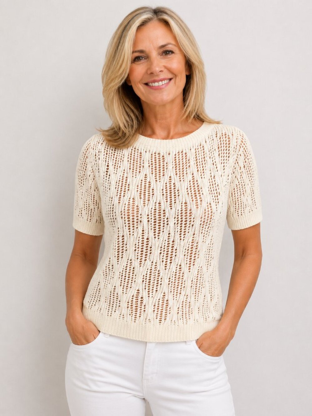 Cream Open Knit Short Sleeve Sweater | Lightweight 100% Cotton